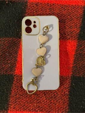 White iPhone 12 Case with Gold-Trim Heart Charm Strap